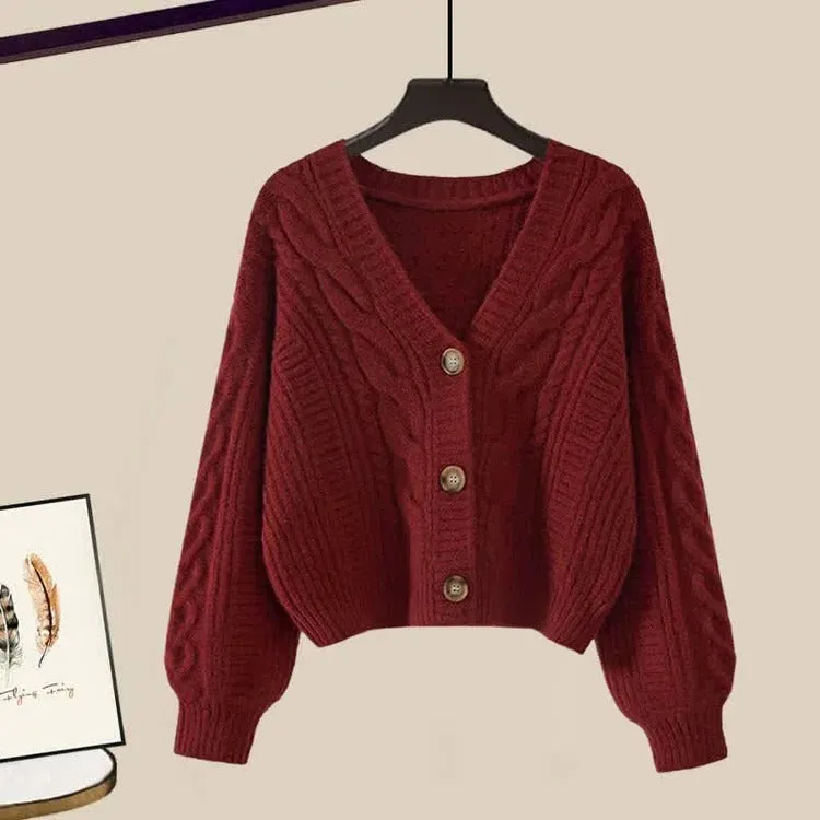 Preppy V-Neck Cardigan Sweater Shirt Denim Pants Three Piece Set