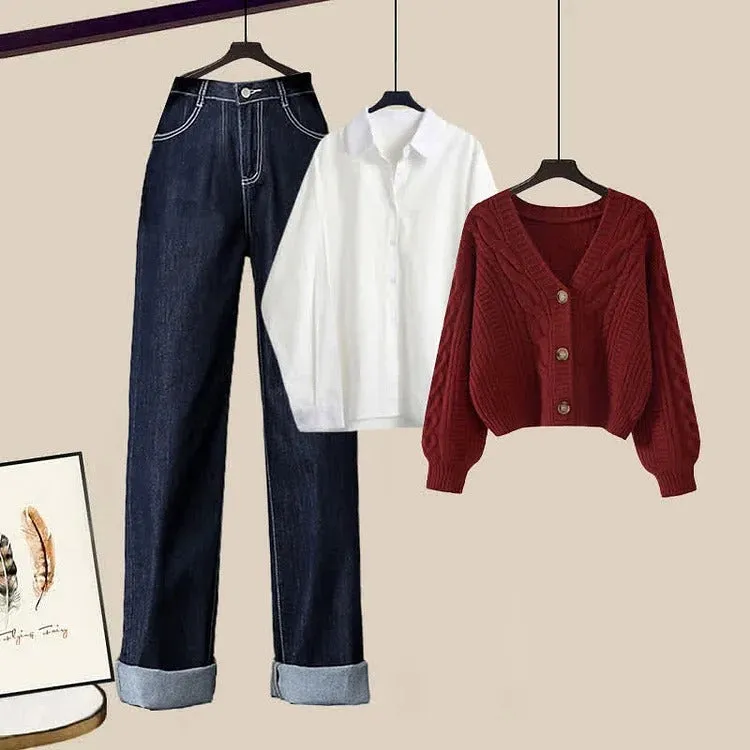 Preppy V-Neck Cardigan Sweater Shirt Denim Pants Three Piece Set