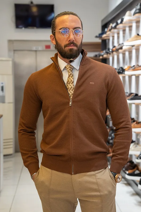Rust Brown Slim Fit Zipper Cardigan for Men | GentWith.com