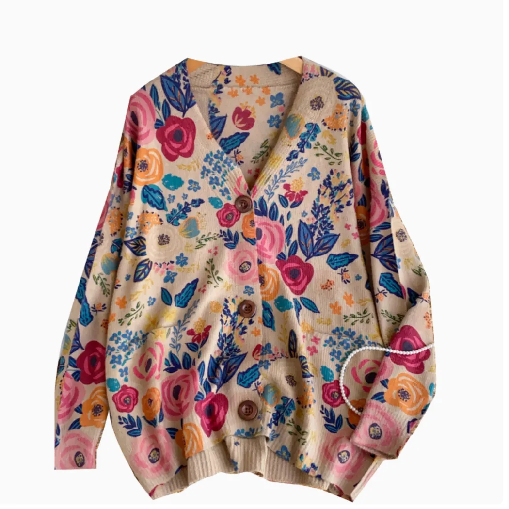 Single-breasted Floral Printed Cardigan