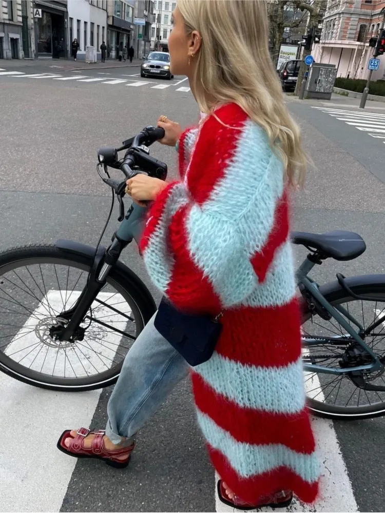 Stripe Long Stylish Fuzzy Cardigan