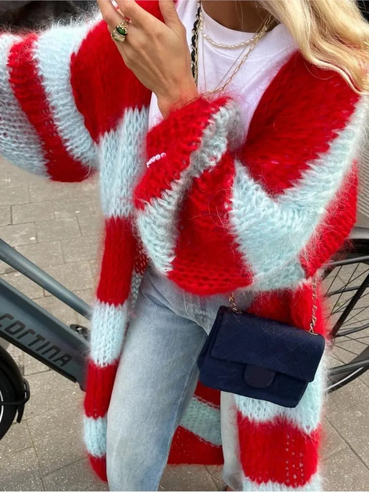 Stripe Long Stylish Fuzzy Cardigan