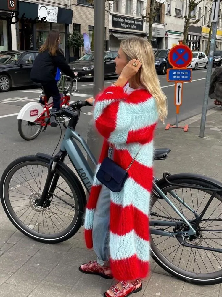 Stripe Long Stylish Fuzzy Cardigan