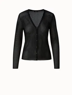 Striped Fitted V-Neck Silk Knit Cardigan
