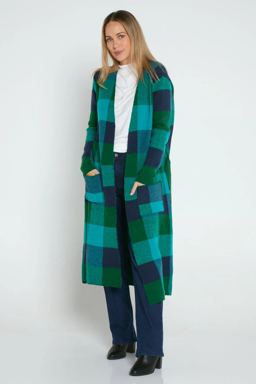 Swift Wraparound Oversized Tie Waist Cardigan - Green/Blue Check