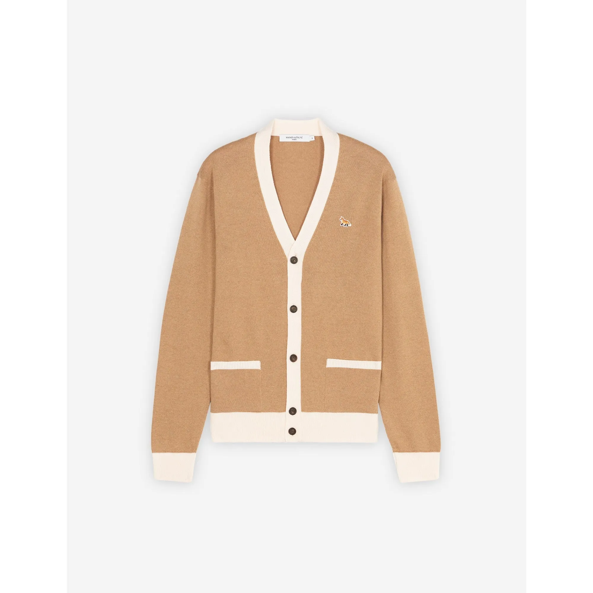 Unisex Baby Fox Patch Bi-Color Classic Cardigan - Beige