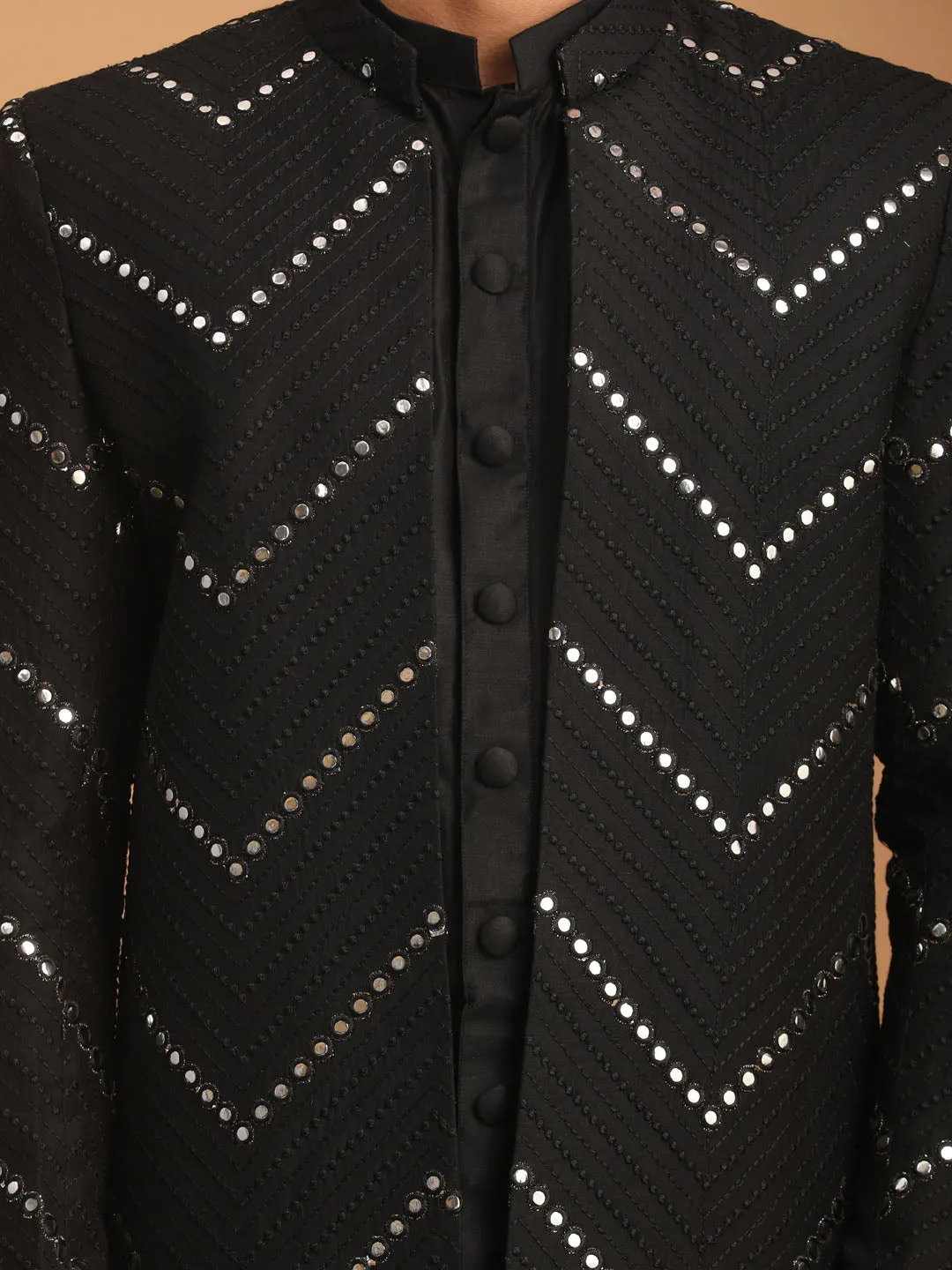 VASTRAMAY Men's Black Mirror Over Coat Combo Set