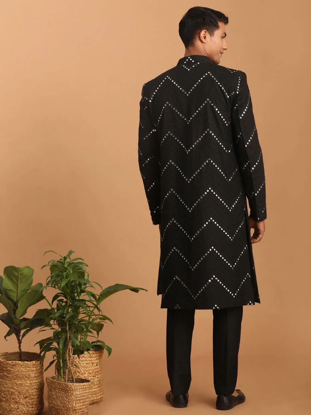 VASTRAMAY Men's Black Mirror Over Coat Combo Set
