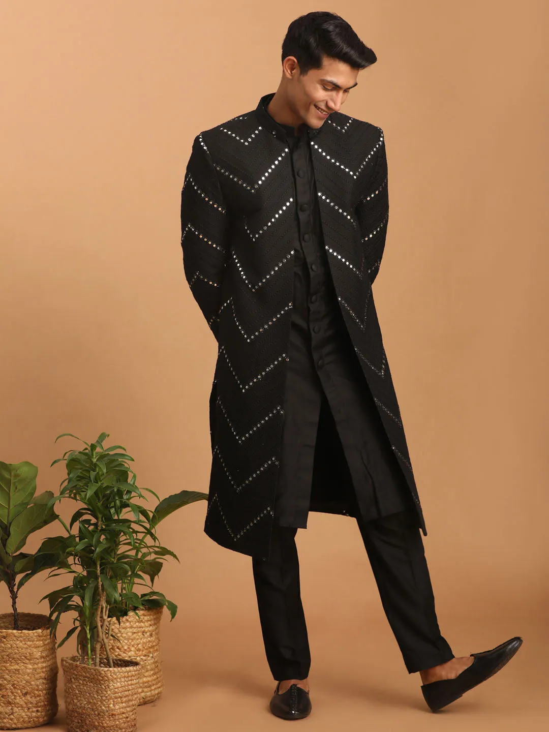 VASTRAMAY Men's Black Mirror Over Coat Combo Set