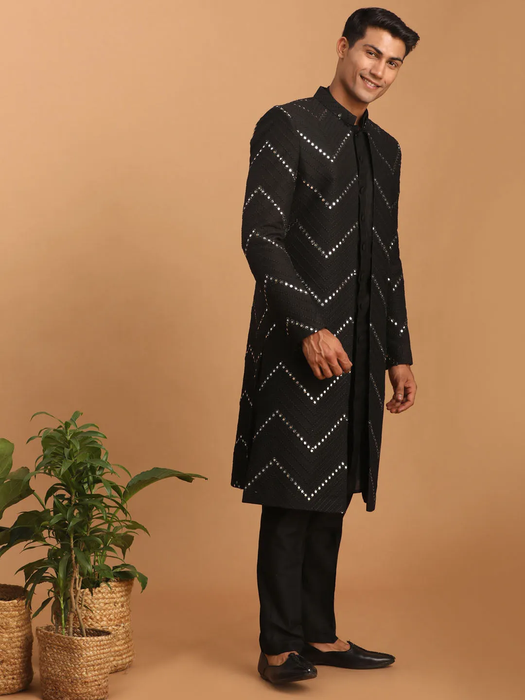 VASTRAMAY Men's Black Mirror Over Coat Combo Set