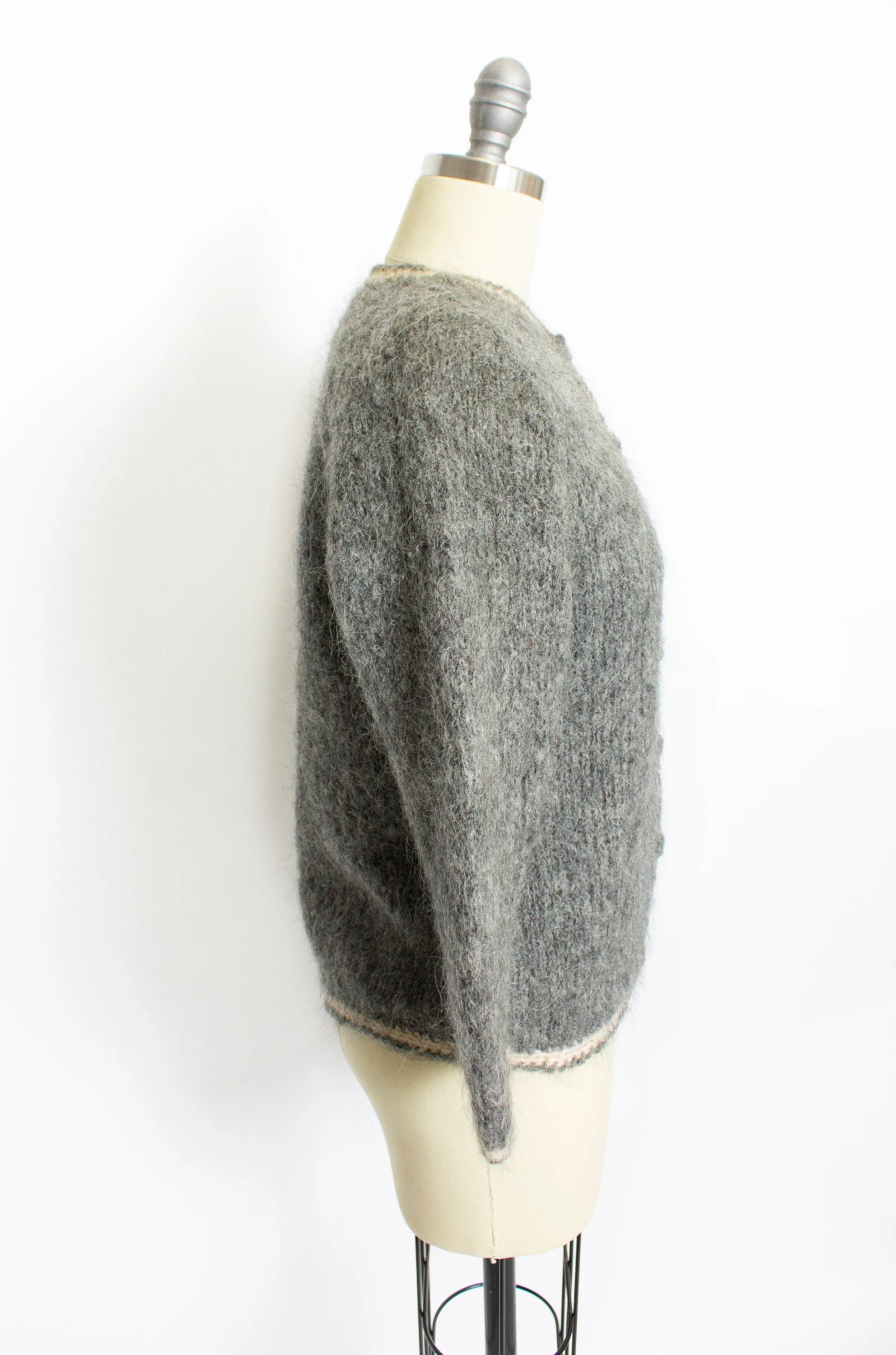 Vintage 1950s Sweater Italian Hand Knit Wool Mohair Gray Rose Cardigan Small