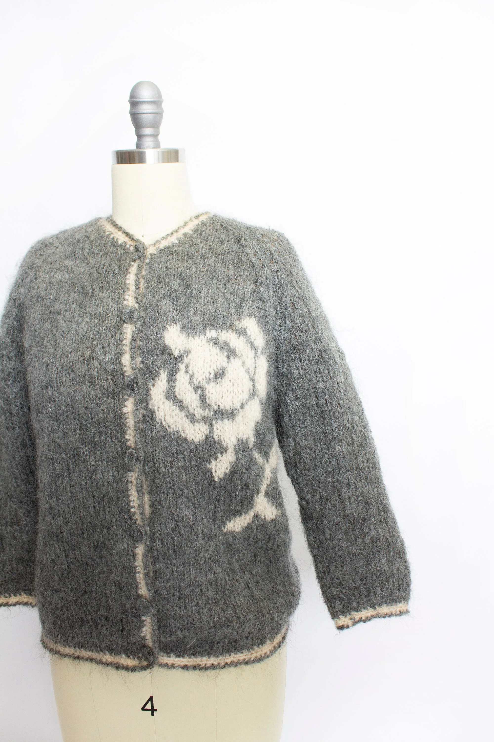 Vintage 1950s Sweater Italian Hand Knit Wool Mohair Gray Rose Cardigan Small