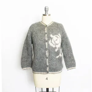 Vintage 1950s Sweater Italian Hand Knit Wool Mohair Gray Rose Cardigan Small