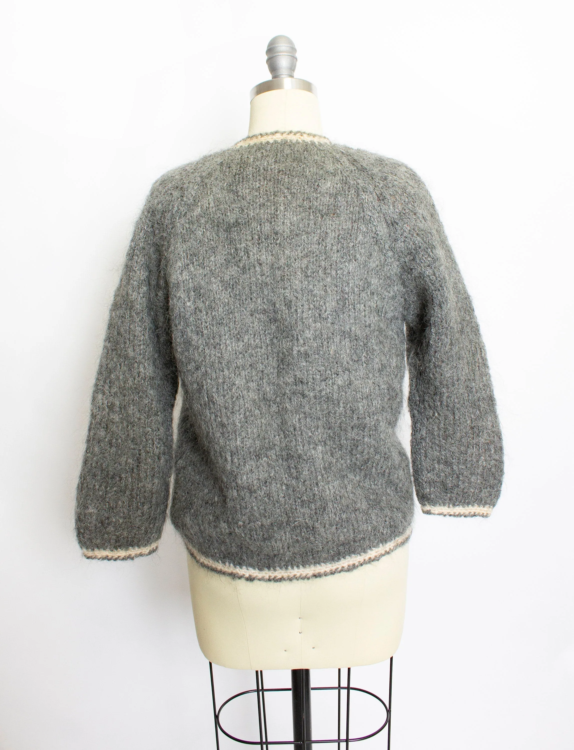 Vintage 1950s Sweater Italian Hand Knit Wool Mohair Gray Rose Cardigan Small