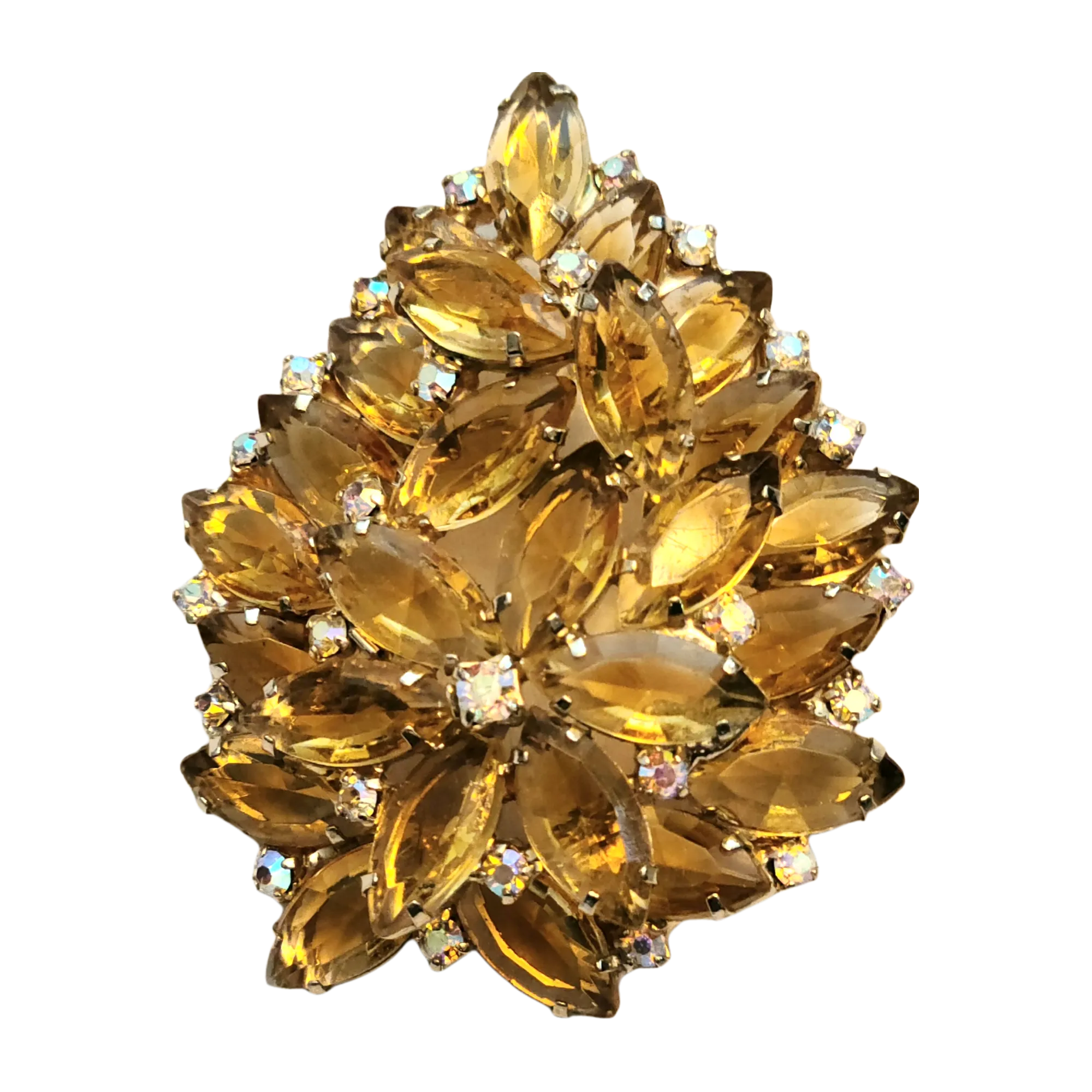 Vintage Pale Yellow Rhinestone Floral Brooch with Glittery Rhinestone Accents