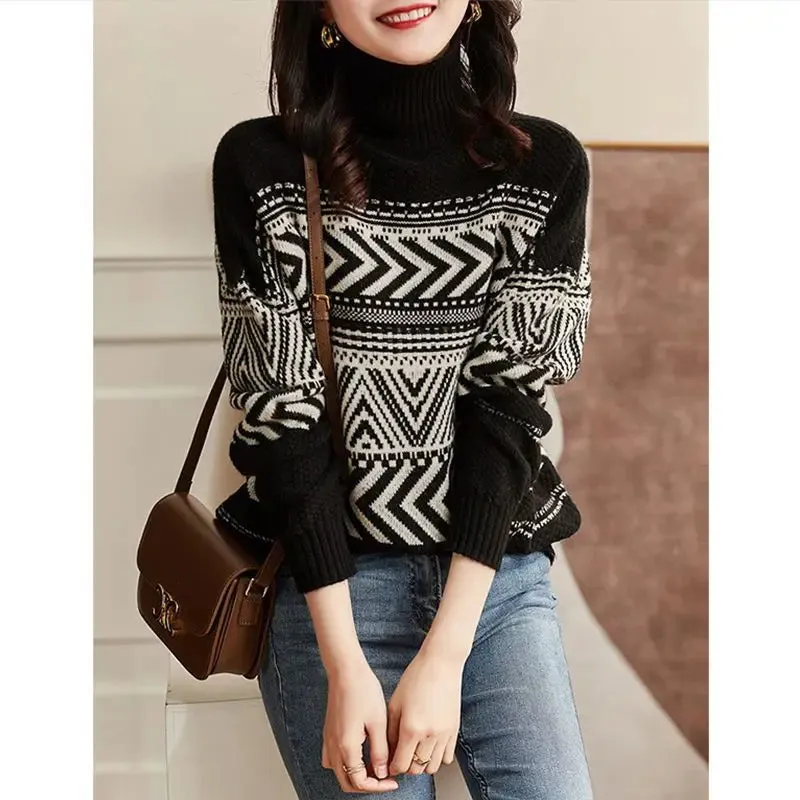 Wenkouban-Christmas Thanksgiving outfits_Loose Casual Versatile Fashionable High Neck Red Christmas Sweater