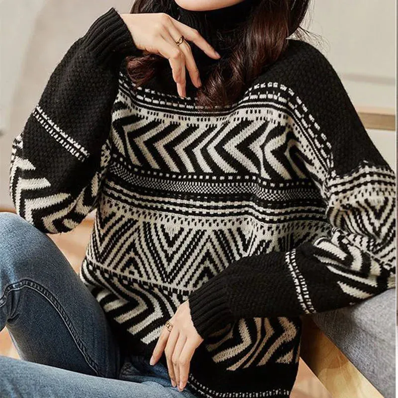 Wenkouban-Christmas Thanksgiving outfits_Loose Casual Versatile Fashionable High Neck Red Christmas Sweater