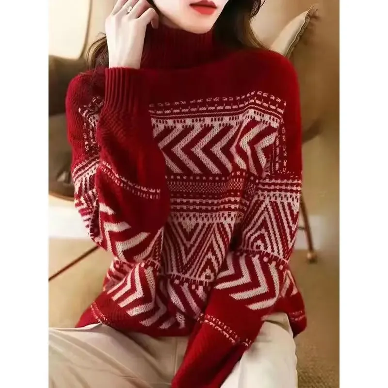 Wenkouban-Christmas Thanksgiving outfits_Loose Casual Versatile Fashionable High Neck Red Christmas Sweater