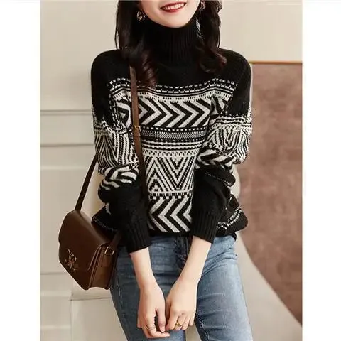 Wenkouban-Christmas Thanksgiving outfits_Loose Casual Versatile Fashionable High Neck Red Christmas Sweater