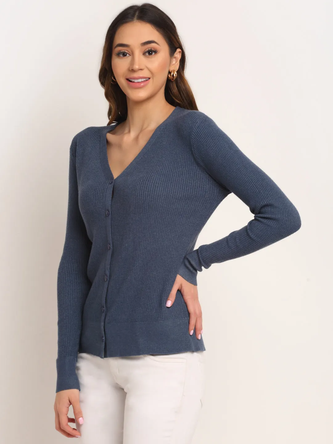 Women Blue Knitted V-Neck Regular Fit Cardigan