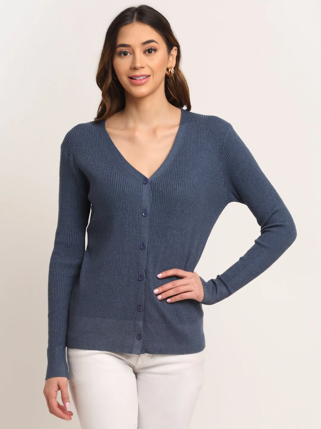 Women Blue Knitted V-Neck Regular Fit Cardigan