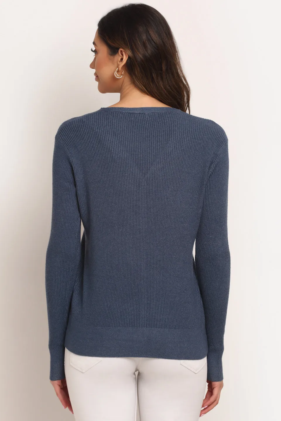 Women Blue Knitted V-Neck Regular Fit Cardigan