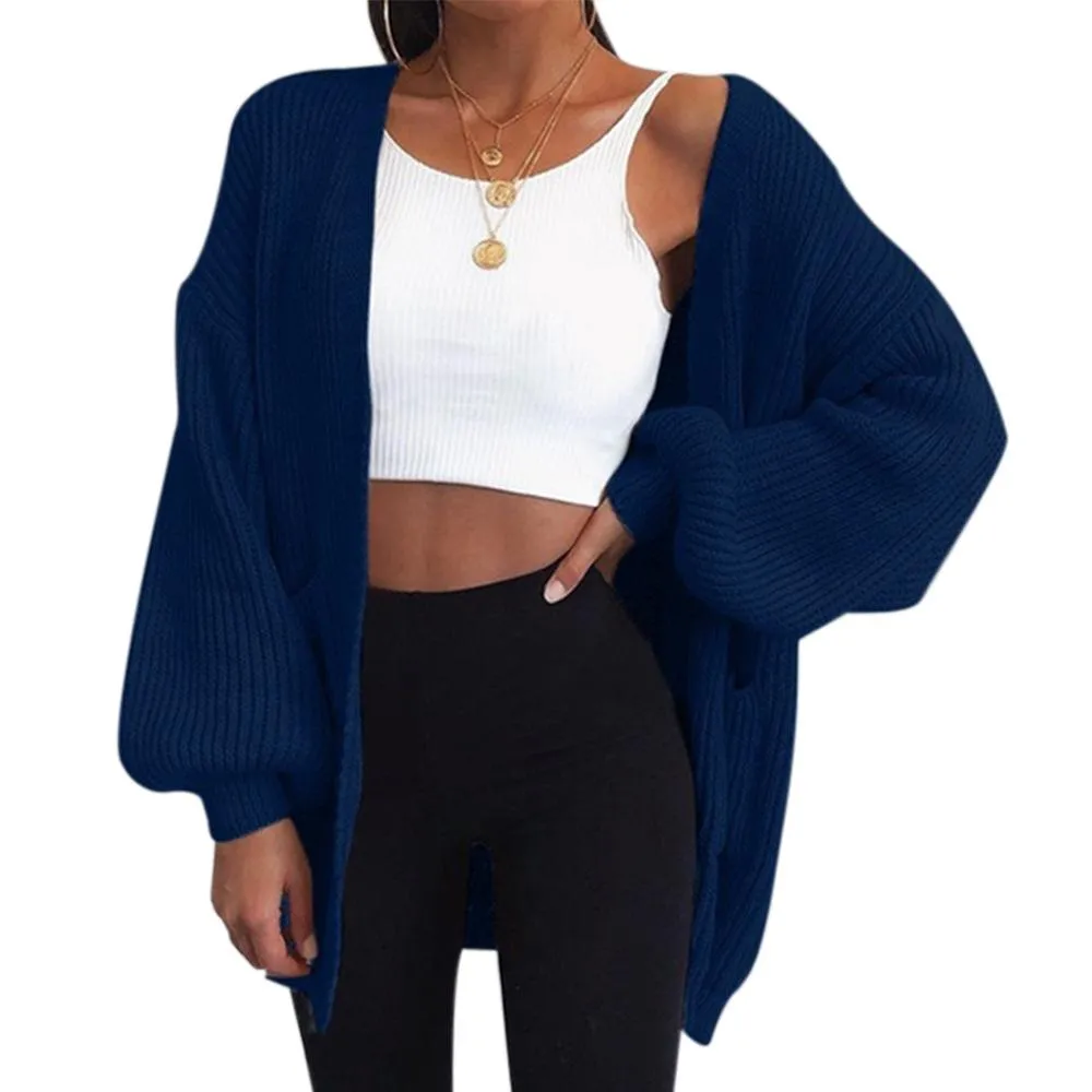 Women long sleeve solid color loose knitted cardigan
