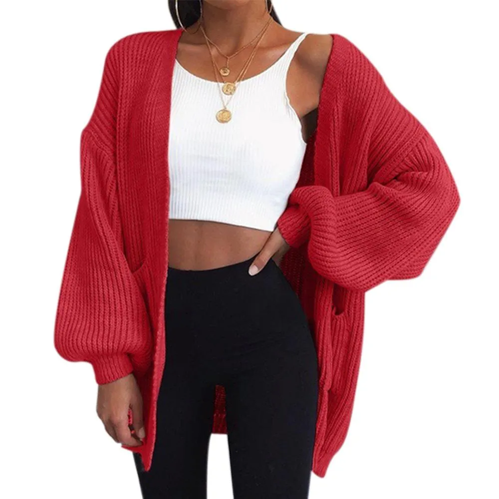 Women long sleeve solid color loose knitted cardigan