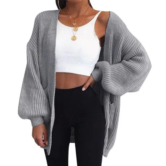 Women long sleeve solid color loose knitted cardigan