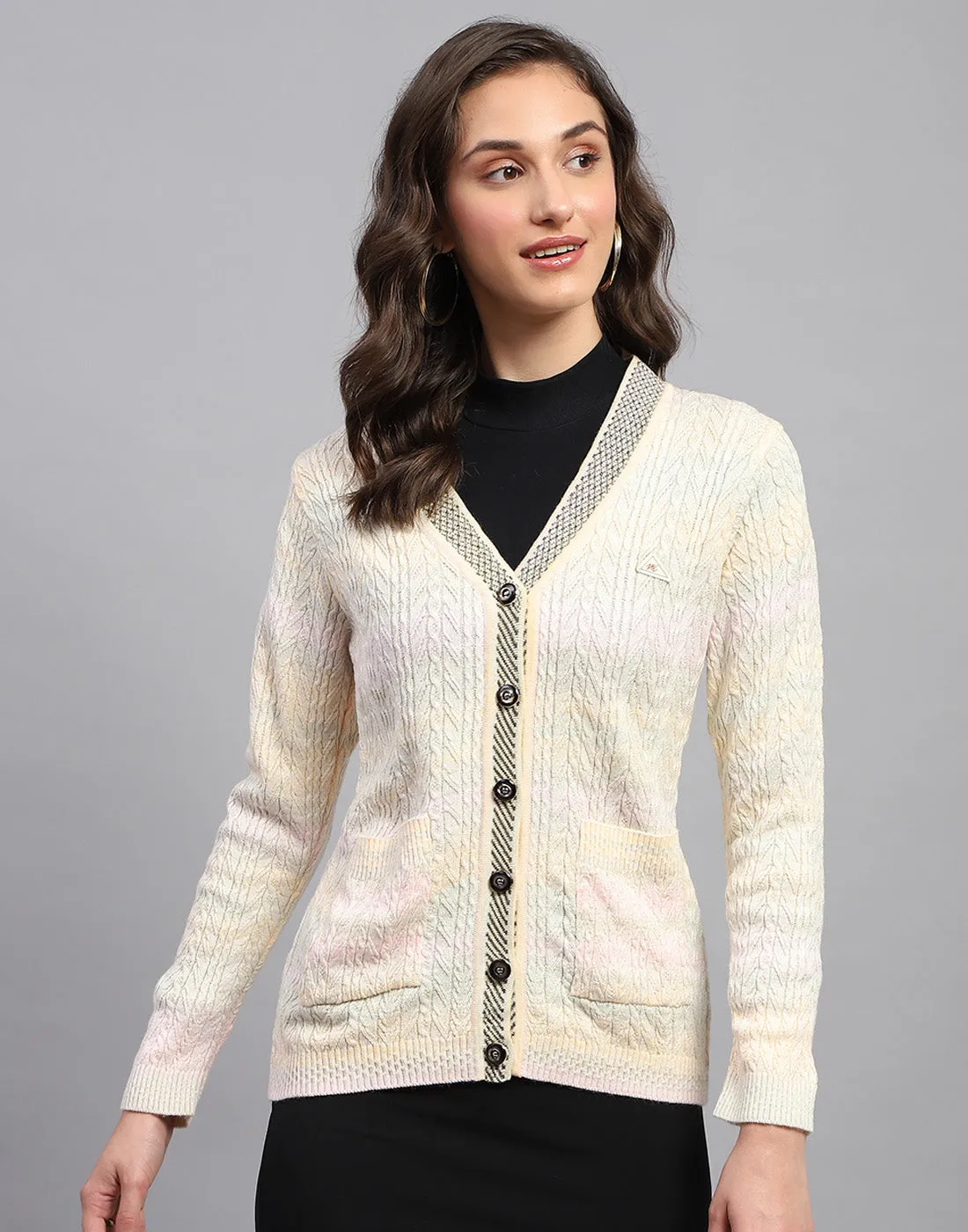 Women Multicolor Self Design V Neck Full Sleeve Cardigan