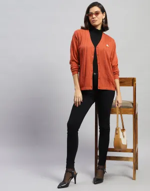 Women Orange Self Design V Neck Full Sleeve Cardigan