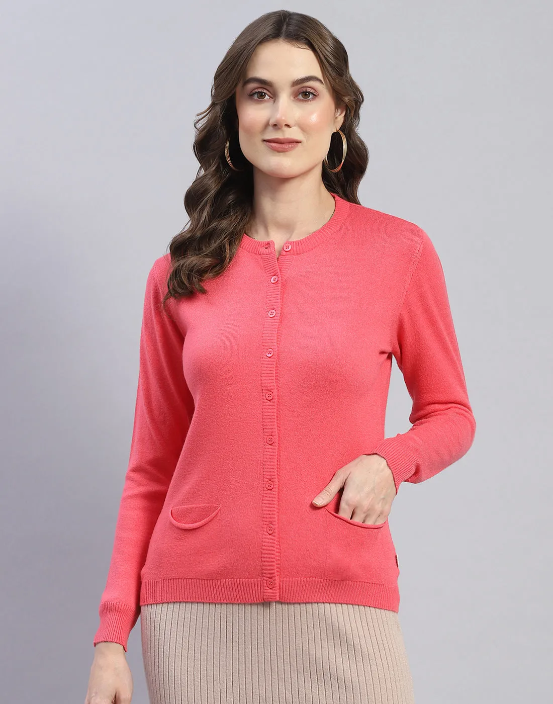 Women Pink Self Design Round Neck Full Sleeve Cardigan