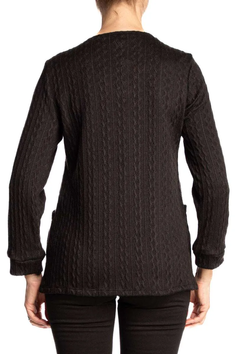 Women's Cardigan Black Quality Stretch Fabric Cotton Blend Easy Care Soft Quality Stretch Fabric Features button up Front closure and Nice Deep Pockets On Sale Now Quality Made in Canada Exclusive At Yvonne Marie Boutiques